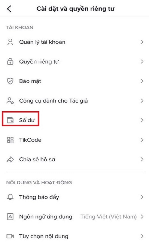 Chọn mục Số dư