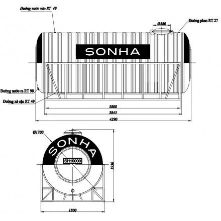 Bản vẽ chi tiết của bồn nước Sơn Hà 1000l ngang