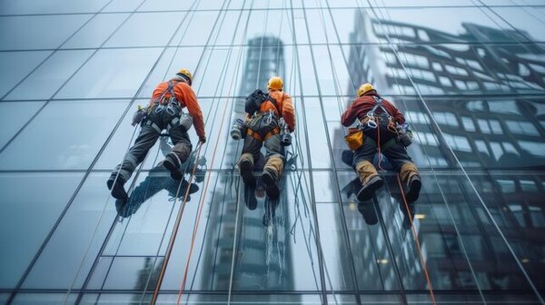 Nhân viên dịch vụ đang lau kính bên ngoài tòa nhà cao tầng