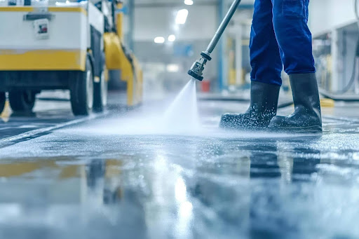 Nhân viên và máy xịt rửa áp lực cao giúp đánh bay vết bẩn cứng đầu ở mọi vị trí